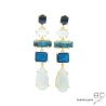 Boucles d'oreilles uniques longues en pierre de lune, apatite et turquoise, argent massif doré à l'or fin 18K