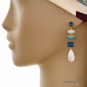 boucles d'oreilles créateur en pierres naturelles blanc bleu pendantes uniques femme fait main en France