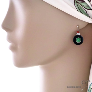 Boucles d'oreilles rondes inspiration Art Déco en onyx noir et jade, argent massif 925 serti de zircon et corail, femme