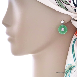 Boucles d'oreilles vertes femme rondes en jade et argent sertis de zircon, inspiration Art Déco