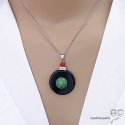 Collier pendentif rond inspiration Art Déco en onyx noir et jade, argent massif 925 serti de zircon et corail, femme