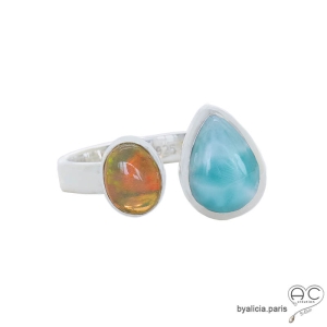 Bague LARIMAR et OPALE JAUNE, anneau ouvert en argent massif création fait main, unique, exceptionnelle