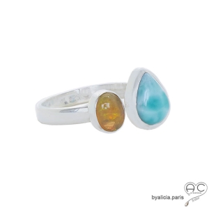 pierres naturelles opale jaune et larimar bague argent massif et pierres jaune et bleue claire