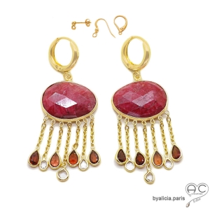 pierre rubis rouge boucles d'oreilles femme pendantes avec pampilles en grenat et cristal de roche