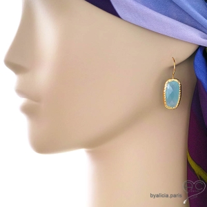 boucles d'oreilles bleues femme en pierre calcédoine et or pendantes créateur fait en France