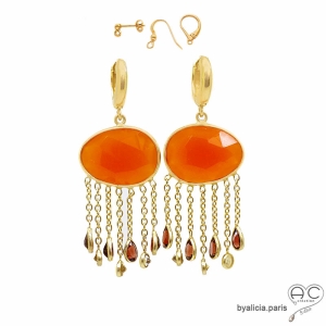 Boucles d'oreilles en cornaline avec citrine et grenats, pierres fines, uniques, longues, argent massif doré à l'or fin 18K