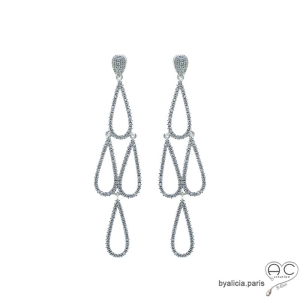 Boucles d'oreilles brillantes pendantes longues en oxydes de zirconium serties sur argent massif précieuses joaillerie