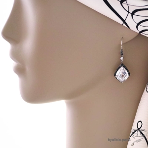 Boucles d'oreilles brillantes en oxydes de zirconium blanc et noir, argent, pendantes, joaillerie