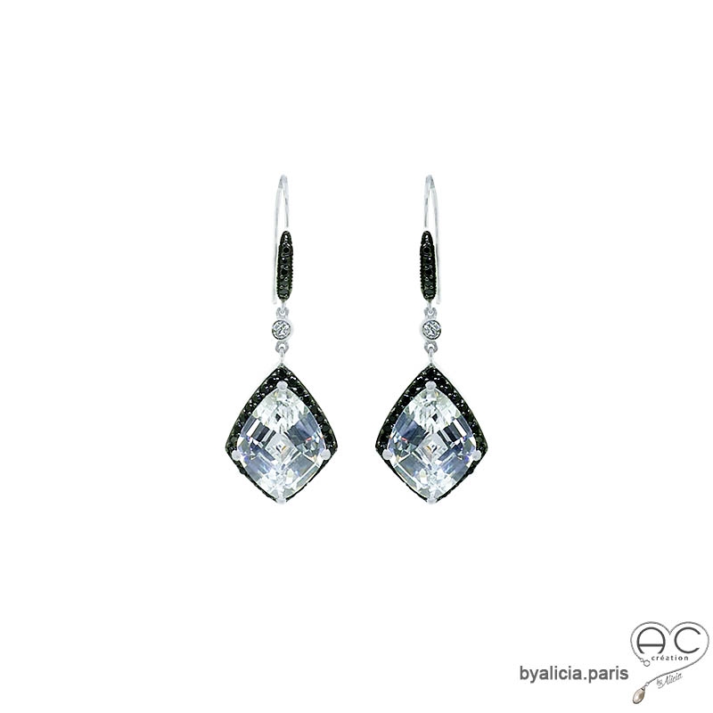 Boucles d'oreilles brillantes femme en oxydes de zirconium noir et blanc serties sur argent massif joaillerie