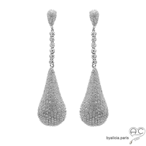 bijoux d'exception boucles d'oreilles longues précieuses femme grande goutte en brillants  zirconium serties sur argent