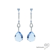 Boucles d'oreilles pendantes poires en brillants oxydes de zirconium bleu et argent, joaillerie fait en France