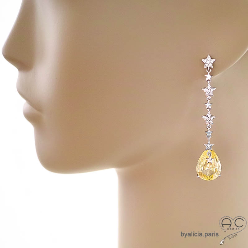 bijoux d'exception boucles d'oreilles lougues brillantes jaunes femme en oxydes de zirconium poires et argent