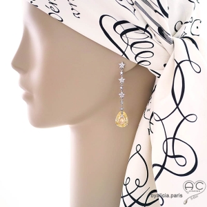 Boucles d'oreilles brillantes, gouttes jaunes en zirconium poire et des étoiles, argent, pendantes, joaillerie