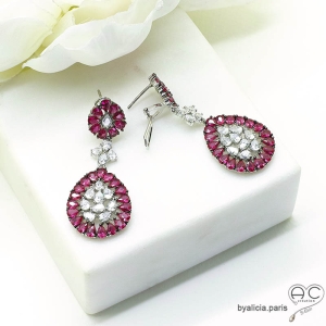 boucles d'oreilles joaillerie fushia femme en argent et brillants oxydes de zirconium