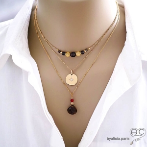 collier ras de cou choker marron femme en pierre quartz fumé fait à la main