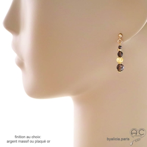 boucles d'oreilles marron et jaune courtes pendantes femme en pierres naturelles quartz fumé et citrine fait main en France