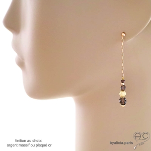 boucles d'oreilles marron et jaune longues pendantes femme en pierres naturelles quartz fumé et citrine fait main en France