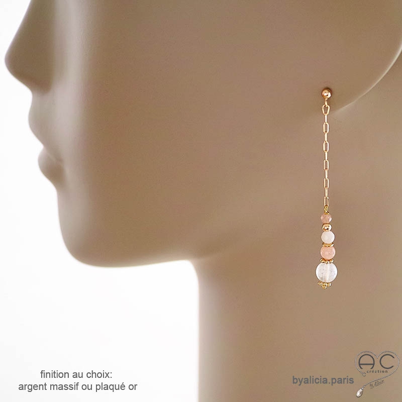 boucles d'oreilles blanc et nude longues pendantes femme en pierre de lune naturelle fait main en France