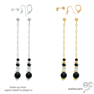 pierres spinelle noire et hypersthène boucles d'oreilles pendantes longues fabriqué à la main sur mesure en France