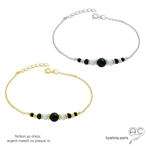 pierres naturelles noires bracelet femme en plaqué or ou argent fait sur mesure à la main en France