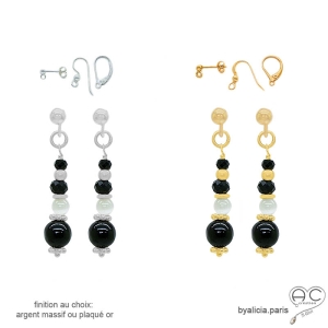 pierres spinelle noire et hypersthène boucles d'oreilles pendantes or ou argent fabriqué à la main sur mesure en France