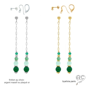 boucles d'oreilles vertes femme chaîne argent ou or avec agate verte et chrysoprase fait sur mesure à la main en France