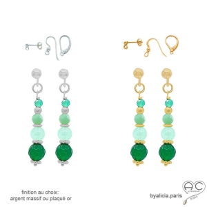 boucles d'oreilles vertes pendantes femme chaîne argent ou or avec agate verte et chrysoprase fait main en France