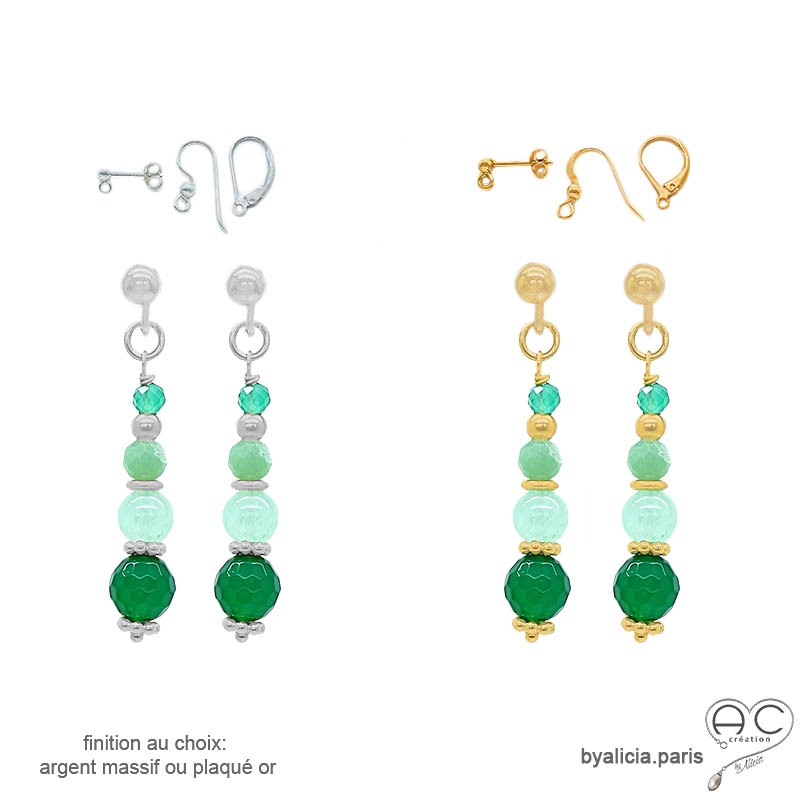 boucles d'oreilles vertes pendantes femme chaîne argent ou or avec agate verte et chrysoprase fait main en France