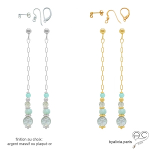 boucles d'oreilles gris irisé femme chaîne argent ou or avec labradorite et amazonite fait sur mesure à la main en France