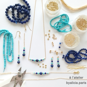 bijoux créateur femme en pierres naturelles lapis-lazuli et turquoise fabriqué à la main sur mesure à l'atelier en France