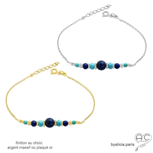 pierres naturelles lapis-lazuli et turquoise sur une chaîne fine or ou argent bracelet fait main sur mesure en France