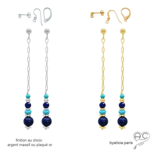 boucles d'oreilles bleues femme chaîne argent ou or avec lapis-lazuli et turquoise fait sur mesure à la main en France