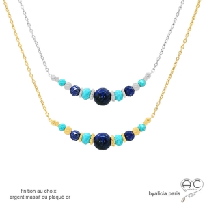 pierres naturelles lapis-lazuli et turquoise chaîne plaqué or ou argent collier bleu femme fait main sur mesure en France