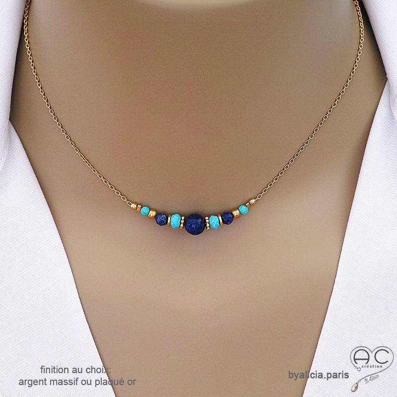 Collier bleu avec pierres lapis-lazuli et turquoise sur une chaîne fine or ou argent, fait main, création by Alicia