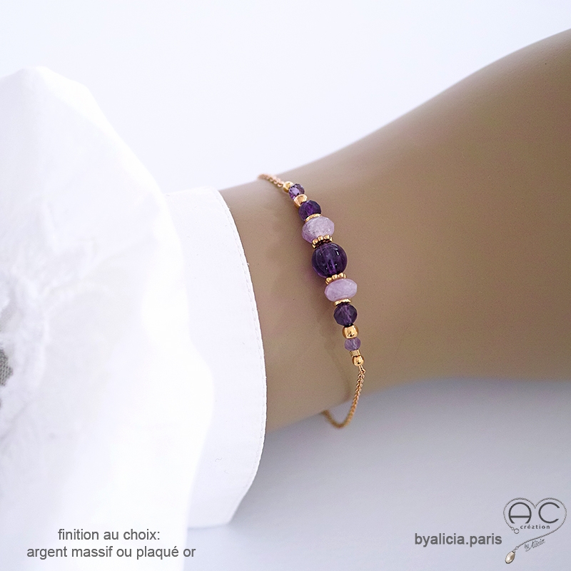 Bracelet violet avec pierre améthyste sur une chaîne fine or ou argent, fait main, création by Alicia