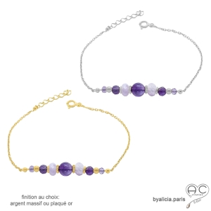 pierre naturelle améthyste sur une chaîne fine plaqué or ou argent bracelet violet fait main sur mesure en France