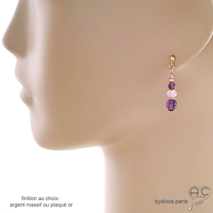 Boucles d'oreilles violettes en pierre améthyste, plaqué or ou argent, courtes, pendantes, fait main, création by Alicia