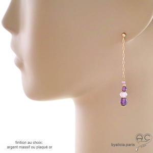 boucles d'oreilles violettes femme chaîne argent ou plaqué or et améthyste fait sur mesure à la main en France