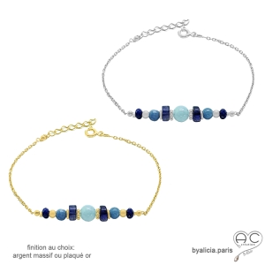 pierres naturelles aigue-marine et iolite sur une chaîne fine or ou argent bracelet bleu fait main sur mesure en France