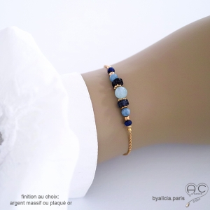 Bracelet bleu avec pierres aigue-marine et iolite sur une chaîne fine or ou argent, fait main, création by Alicia