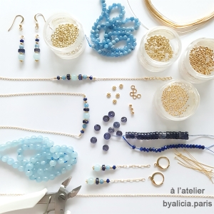 bijoux bleues créateur femme en pierres naturelles aigue-marine et iolite fabriqué à la main sur mesure à l'atelier en France