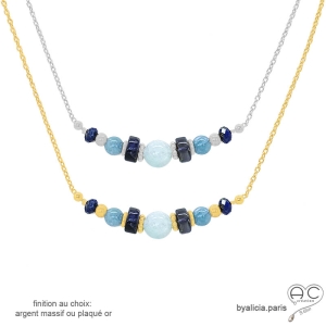 pierres naturelles aigue-marine et iolite chaîne plaqué or ou argent collier bleu femme fait main sur mesure en France