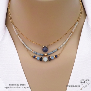 bijou créateur collier ras du cou choker en pierre semi-précieuse aigue-marine et iolite fait sur mesure à la main en France