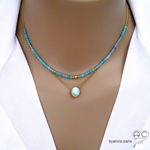 bijoux créateur en pierres naturelles bleues collier chaîne vermeil et pendentif larimar cabochon