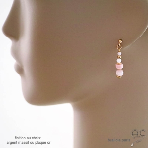 Boucles d'oreilles roses en pierre opale rose, or ou argent, courtes, pendantes, fait main, création by Alicia