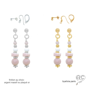 pierre opale rose boucles d'oreilles pendantes plaqué or ou argent fait sur mesure à la main