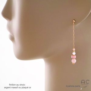 boucles d'oreilles roses femme chaîne argent ou or avec opale rose fait sur mesure à la main en France