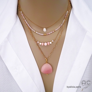 bijoux roses créateur collier ras du cou choker en pierre semi-précieuse opale rose fait sur mesure à la main en France