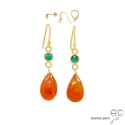 Boucles d\'oreilles cornaline, pierre semi-précieuse, uniques, longues, argent massif doré à l\'or fin 18K