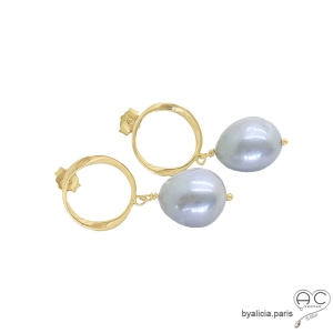 boucles d'oreilles en plaqué or avec perles naturelles grises baroques pendantes femme